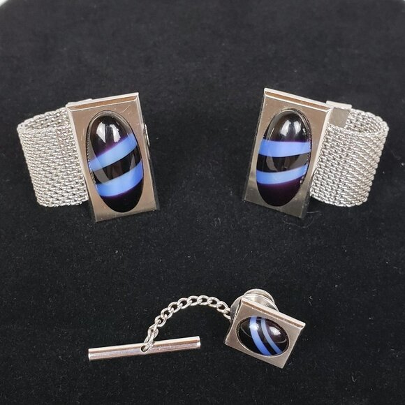 HICKOK Wrap Around Cuff Link Set Silver Blue - Picture 3 of 8